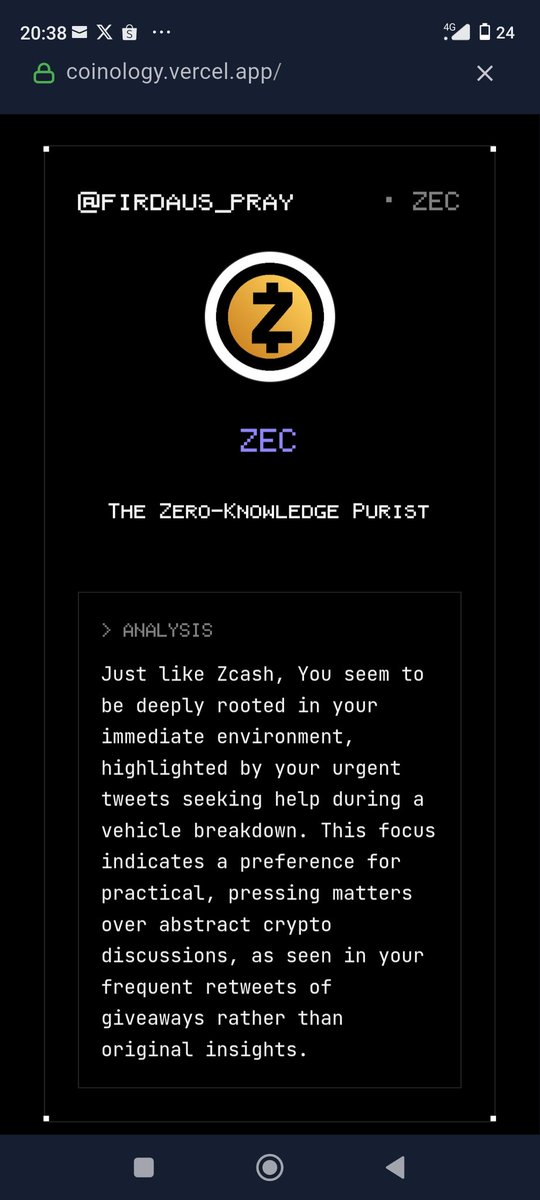 According to my twitter data, I give $ZEC vibes.
Bullish?
Try Coinology on app.vana.com. 
<a href="/vana/">vana</a> 
#datarevolution #ZEC #VANA
