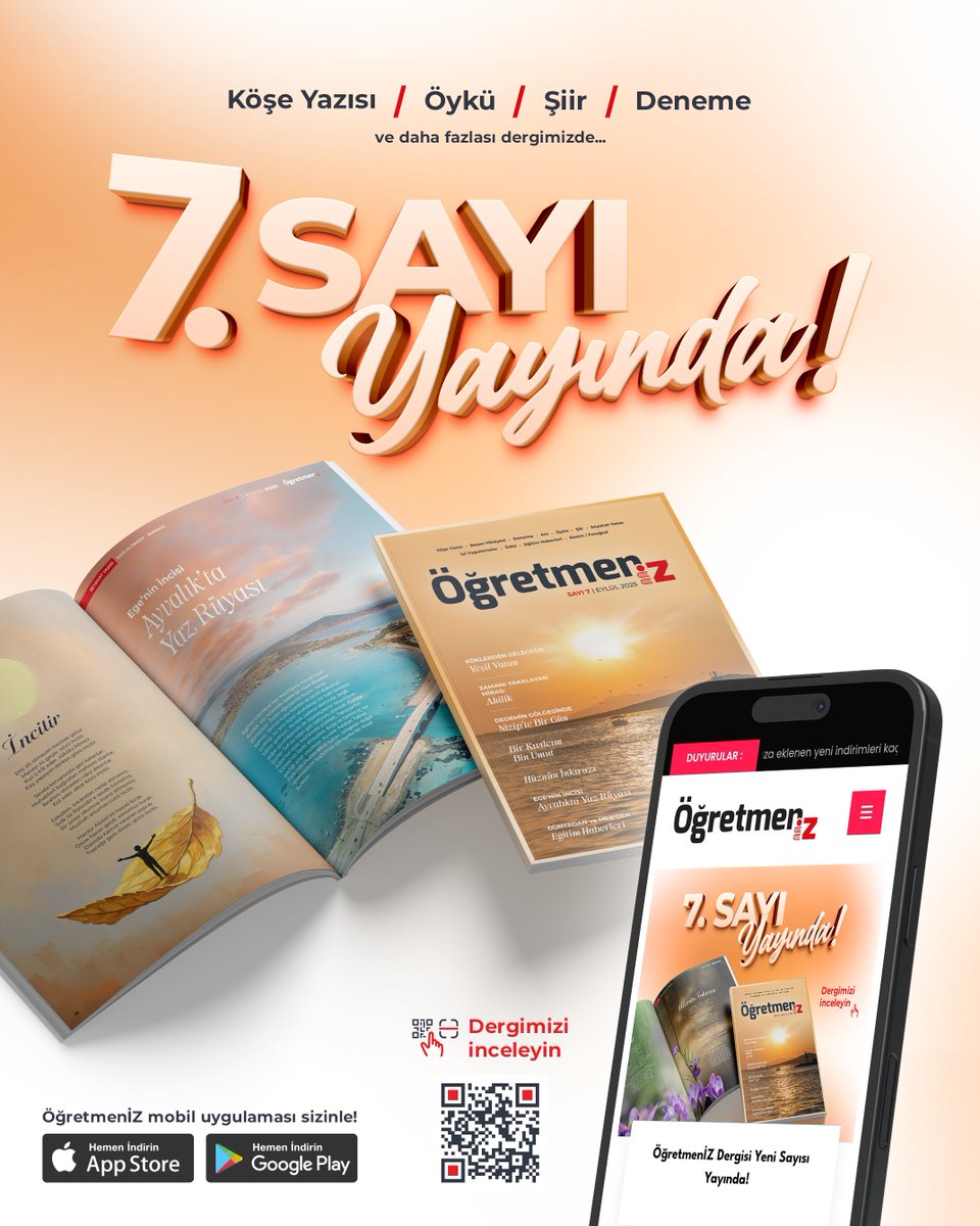 ✨ ÖğretmenİZ Dergisinin 7. Sayısı Yayımda! 

Bu sayımızda yine öğretmenlerimizin kaleminden dökülen yazılar, yüreklerinden süzülen şiirler, anılar, öyküler, fotoğraflar ve resimler sizlerle buluşuyor. 

Başarı hikâyelerinden iyi uygulamalara, dünyadan ve ülkemizden eğitim