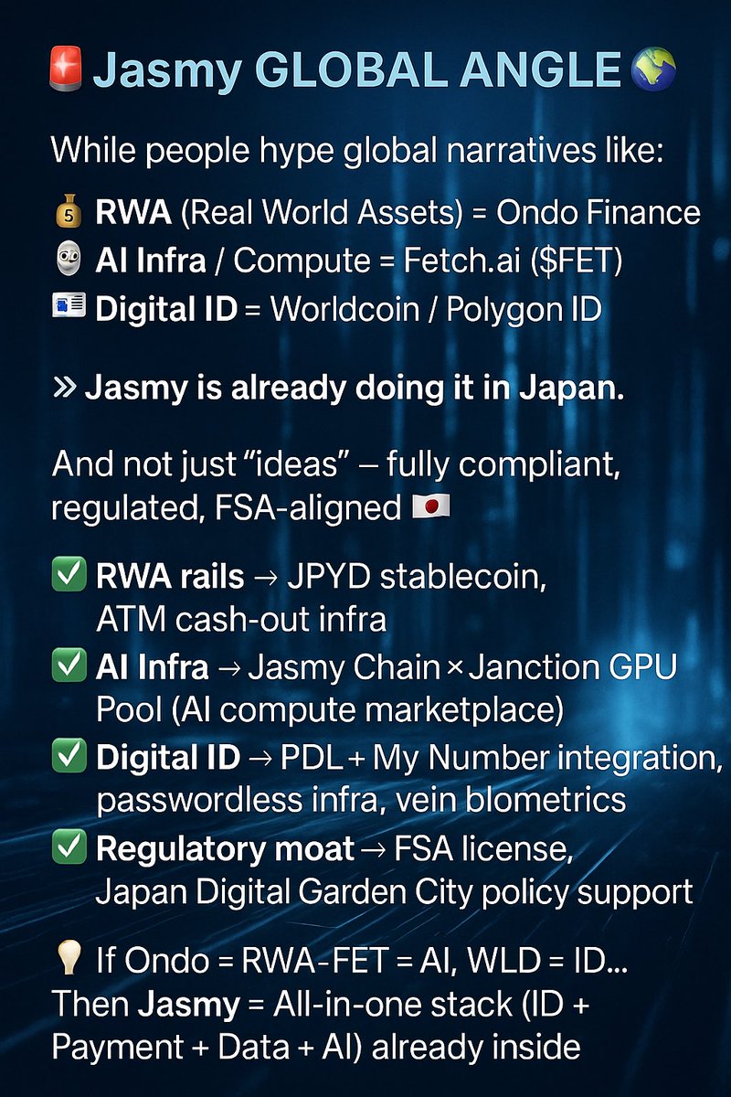 SSethawut's tweet photo. 🚨 $Jasmy Global Angle 🌍✨

While people hype global narratives like:
• 💰 RWA (Real World Assets) = Ondo Finance
• 🤖 AI Infra / Compute = https://t.co/kTyqf5RxjU ($FET)
• 🪪 Digital ID = Worldcoin / Polygon ID

⸻

👉 #Jasmy is already doing it in Japan.
And not just “ideas” — fully compliant, regulated, FSA-aligned 🇯🇵

✅ 💴 RWA rails → JPYD stablecoin, ATM cash-out infra
✅ ⚡ AI Infra → Jasmy Chain × Janction GPU Pool (AI compute marketplace)
✅ 🔐 Digital ID → PDL + My Number integration, passwordless infra, vein biometrics
✅ 🏛️ Regulatory moat → FSA license, Japan Digital Garden City policy support

⸻

💡 If Ondo = RWA, FET = AI, WLD = ID…
Then Jasmy = All-in-one stack (ID + Payment + Data + AI) already inside the world’s most compliant Web3 sandbox: Japan.

@binance @_RichardTeng 
#BinanceTag #BinanceMonitoring
#JANCTION_Global #Jasmy_Global #JASMY
@HARA_JasmyCFO @BainaA17  #Japan #Blockchain #AI #IoT 
#CryptoAdoption #BlockchainSecurity