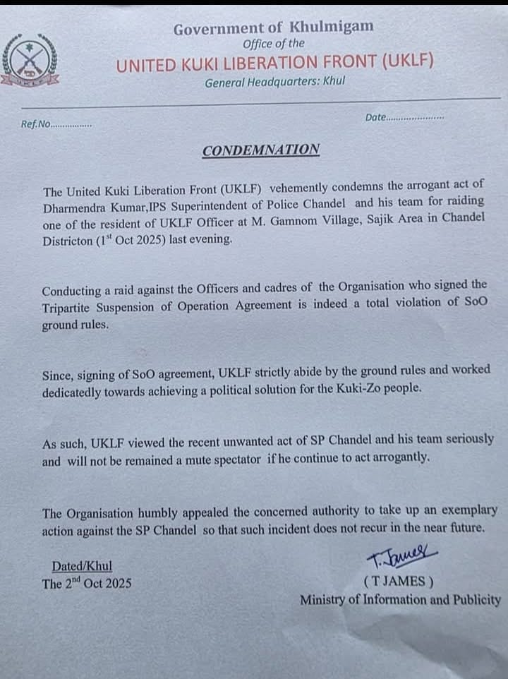 UKLF officer?? Seriously when did a terrorist become an officer??
See the audacity "conducting a raid against the Officers and cadres of the Organisation who signed the Tripartite SoO Agreement is indeed a total violation of SoO ground rules".
So Having signed SoO with PM Modi is