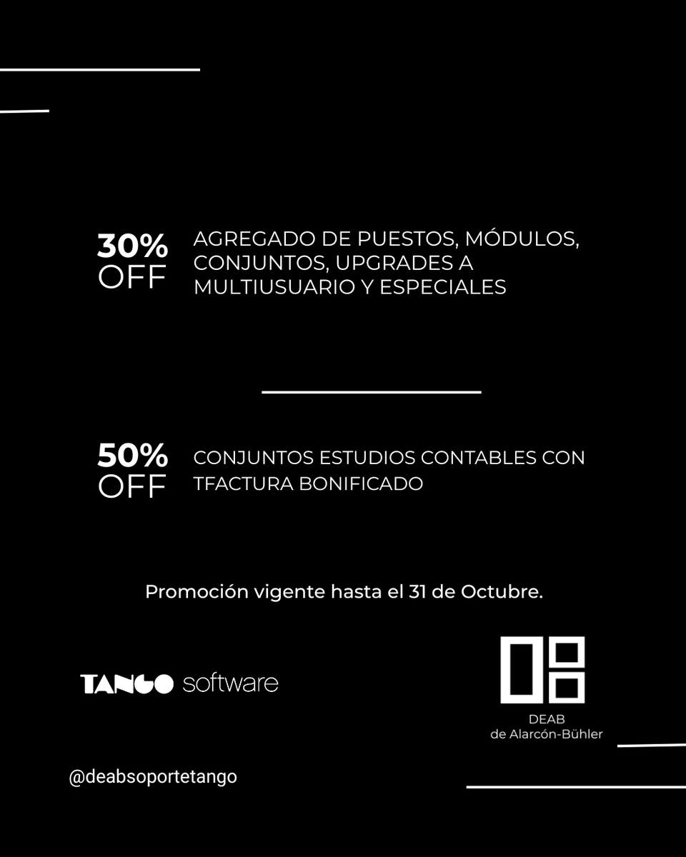 DEABTango's tweet image. 👉 PROMOCIONES DE TANGO
SOFTWARE OCTUBRE 2025

🔴 Vigente hasta el 31 de Octubre 2025.

#tangosoftware #soportetango #tangogestion #deab
#dealarconbuhler
