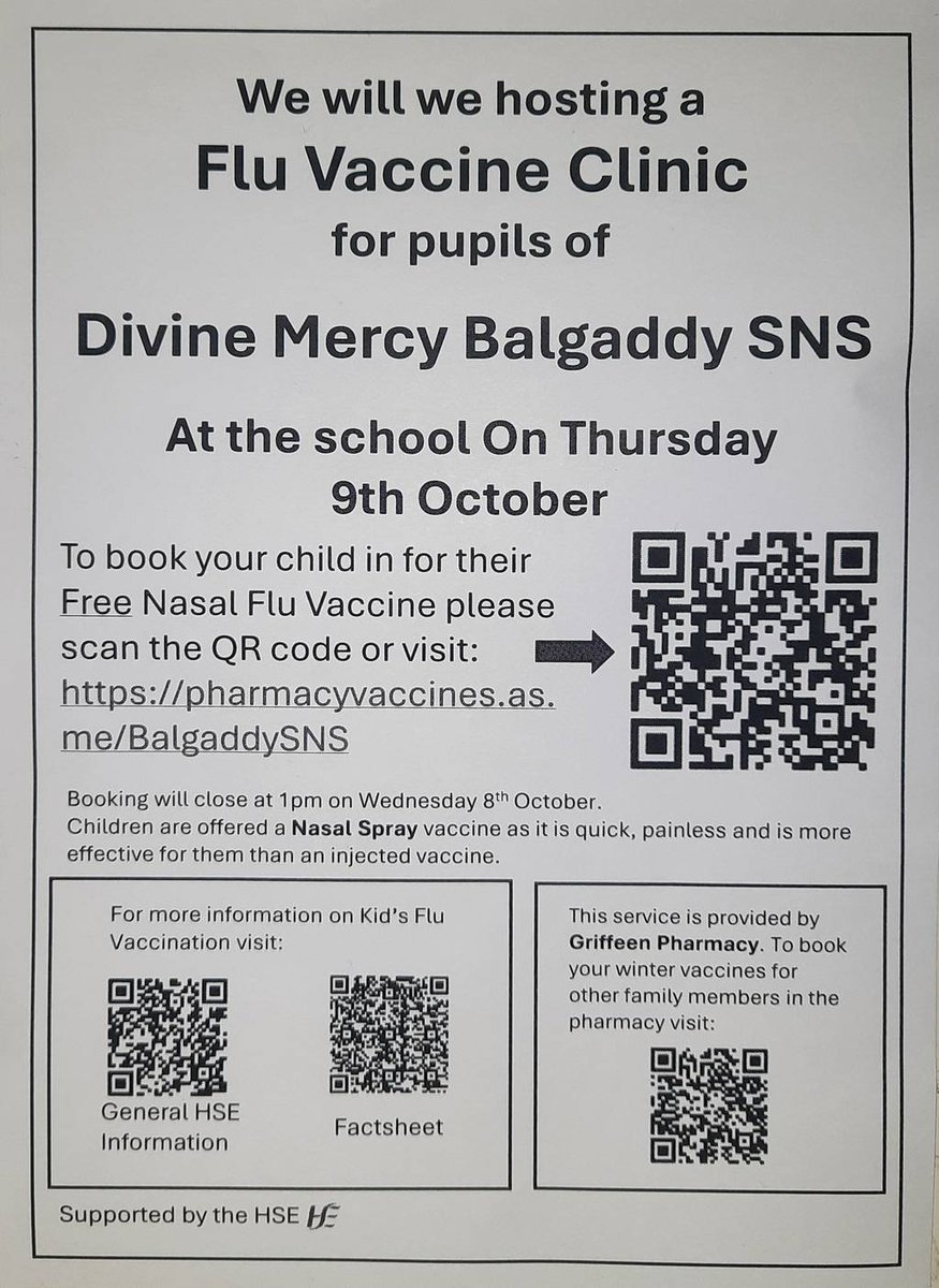 Flu Vaccines available for Staff and Pupils Wednesday 8th October &lt;br&gt;
