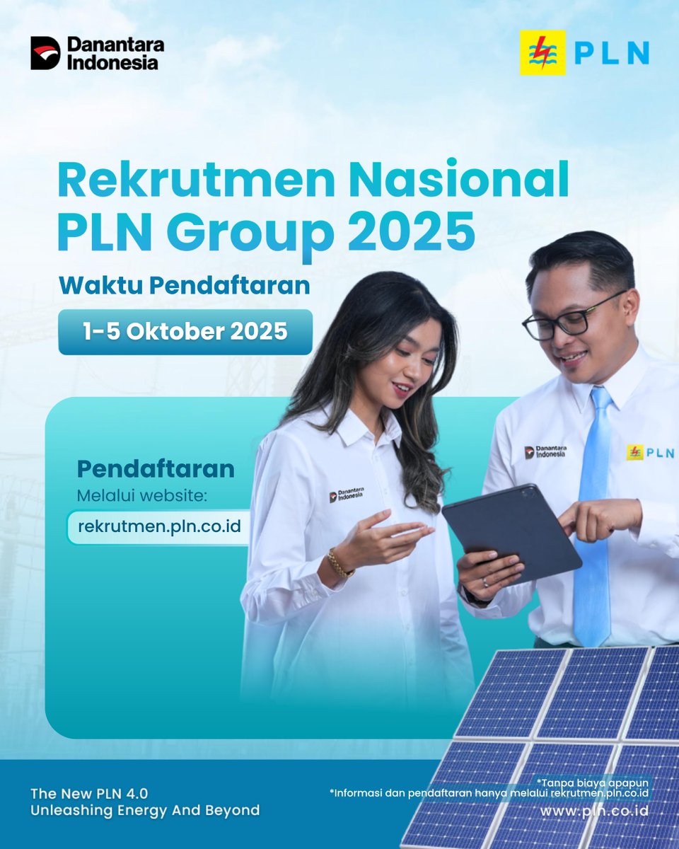 elctrzn_barito's tweet photo. Rekrutmen Nasional PLN Group 2025 resmi dibuka.
Cek persyaratannya, ya. Untuk informasi lengkapya, kunjungi: https://t.co/SQmC9cGPec
Jadilah bagian dari perjalanan besar menghadirkan energi untuk seluruh negeri.

#RekrutmenPLN2025 #PLNUntukSemua #PLNUntukIndonesia https://t.co/6ZUJam4ioK