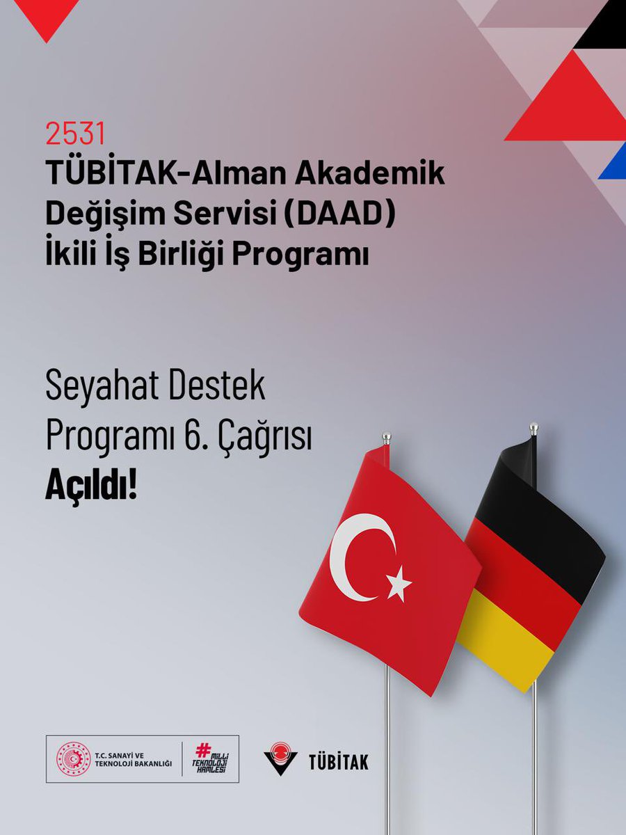 📢 2531-TÜBİTAK &amp; DAAD (Almanya) İkili İş Birliği Seyahat Destek Programı 6. Çağrısı açıldı!

💼 Çağrı kapsamında TÜBİTAK tarafından seyahat desteği ile birlikte bursiyer ve temsil-tanıtma giderlerine yönelik de destek sağlanabilecektir.

Detaylar: 👇
tubitak.gov.tr/tr/duyuru/2531…