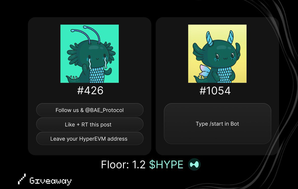 We’re giving away 2x Bae NFTs (floor 1.2 $HYPE)

🎁 1 NFT → for Twitter participants:
1️⃣ Follow us &amp; <a href="/BAE_Protocol/">BAE</a> &amp; <a href="/CrypticJay__/">jay.hl</a> 
2️⃣ Like + RT this post
3️⃣ Leave your HyperEVM address in the comments

🎁 1 NFT → for Slash Trade onboarders during this giveaway
Join the bot