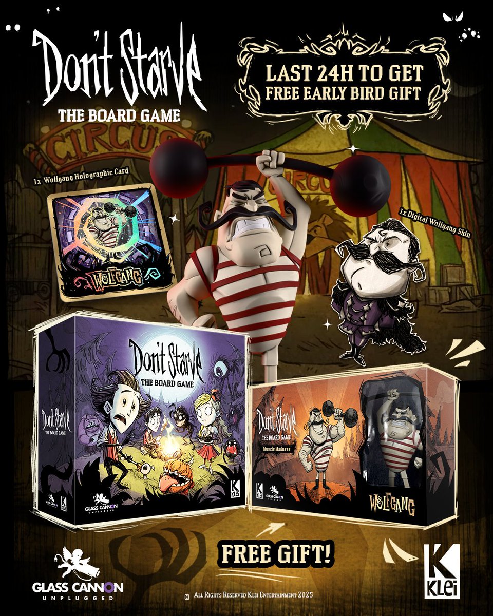 klei's tweet image. 🎉 Don’t Starve: The Board Game is already 3839% funded on Kickstarter! 🤯
Thank you to everybody who has supported the campaign! If you've been waiting to jump in...
There's still 24 hours left to back &amp; get a free Wolfgang Early Bird expansion! 💪 
 
kickstarter.com/projects/glass…