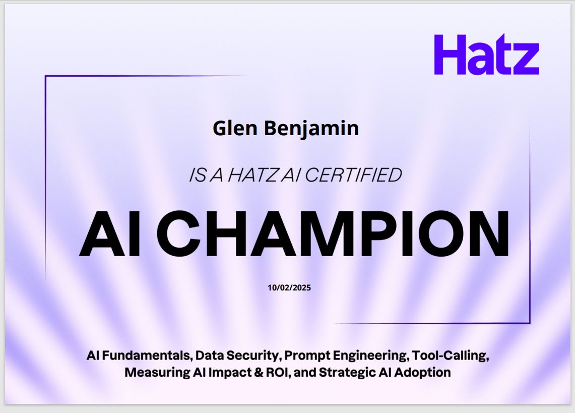 glenbenjamin's tweet image. I’m happy to share that I’ve obtained a new #certification: @HatzAI AI Champion Certification from Hatz AI Training! @GlenBenjamin @LANInfotech #HatzAI #AIfundamentals #DataSecurity #PromptEngineering #ToolCalling #Measuring #AIImpact #StrategicAIAdoption #HatzAIRocks!!!