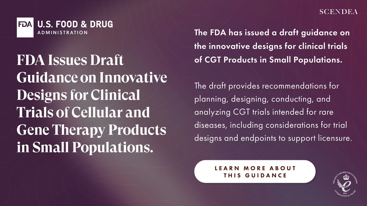 scendea's tweet image. The @US_FDA has issued a draft guidance on the innovative designs for clinical trials of CGT Products in Small Populations.
-
For support when developing a cell or gene therapy product, get in touch: scendea.com/contact

#drugdevelopment #regulatoryaffairs #cellandgenetherapy