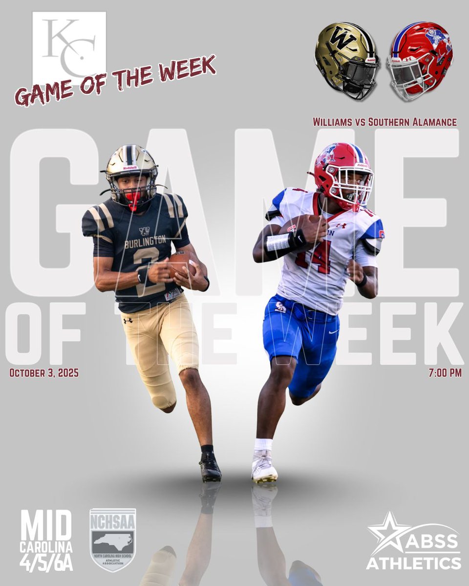 The Week 7 ABSS Athletics Varsity Football Game of the Week - Brought to you by Kernodle Clinic! 
(Special Coin Toss by ABSS Superintendent Dr. Fleming)

🏈 Williams vs Southern Alam🏈 

7:00pm | Admission $10 - Sr. Tar Heel Card $5 

🏈 WAHS v SEAHS
🏈 EAHS v CHS
🏈 GHS v PHS