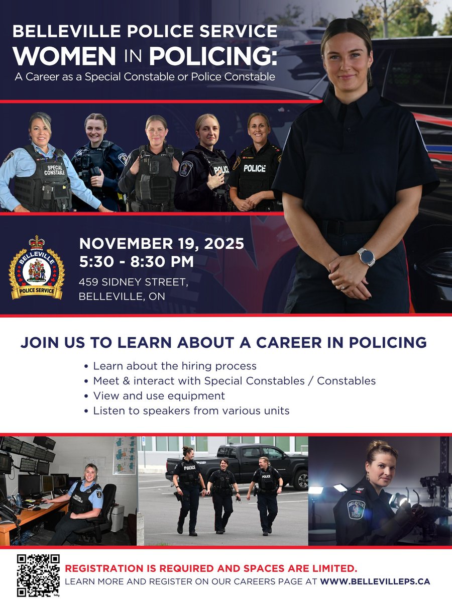 🚨👮‍♀️Calling all women!👮‍♀️🚨

The Belleville Police Service is excited to host its Women in Policing Career Event on Wednesday, November 19th from 5:30–8:30 p.m.

📍 Registration is required, and space is limited!
👉 Learn more and register here: bit.ly/4pVwjk0