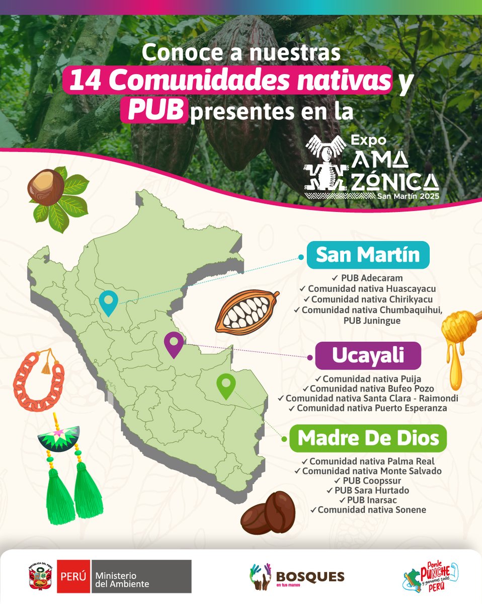 ProgramaBosques's tweet image. 🌱✨ ¡Hoy empieza la @ExpoAmazonicaPe 2025!
Nos llena de alegría presentarte a 14 comunidades y PUB beneficiadas por el Programa BOSQUES del @MinamPeru , quienes estarán compartiendo lo mejor de su trabajo y cultura.
#ExpoAmazónica2025 #ProgramaBosques #15AñosPorLosBosques