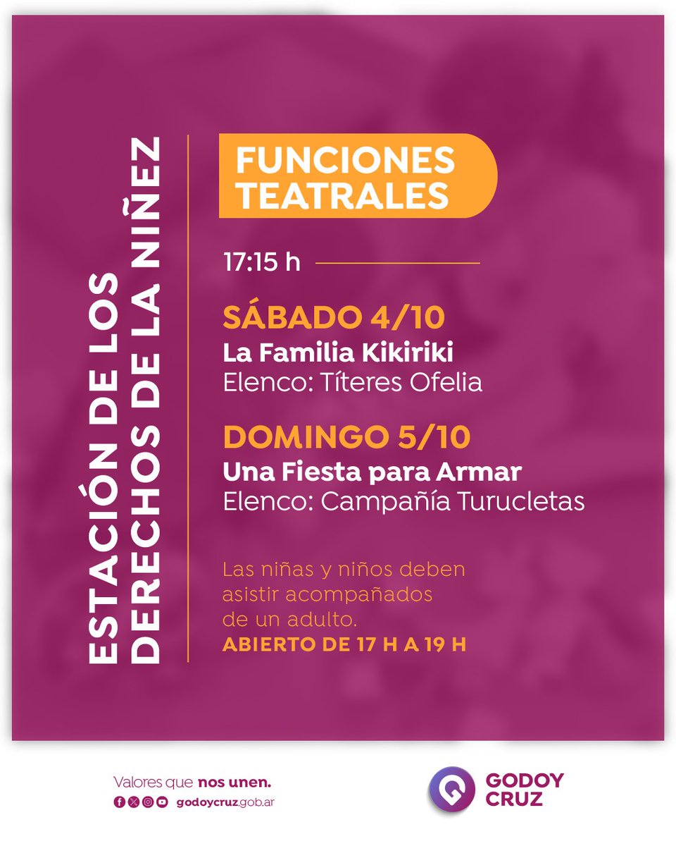 🎪 Se vienen nuevas funciones este fin de semanas en la Estación de los Derechos de la Niñez  🙋‍♀️🙋

🗓️ Sábado 4 y domingo 5 de octubre.
🕓 Desde las 17:15 hs.
📌 Parque Benegas.
 👉 Entrada libre y gratuita.

😉 Te esperamos para compartir juntos y pasar un momento increíble.