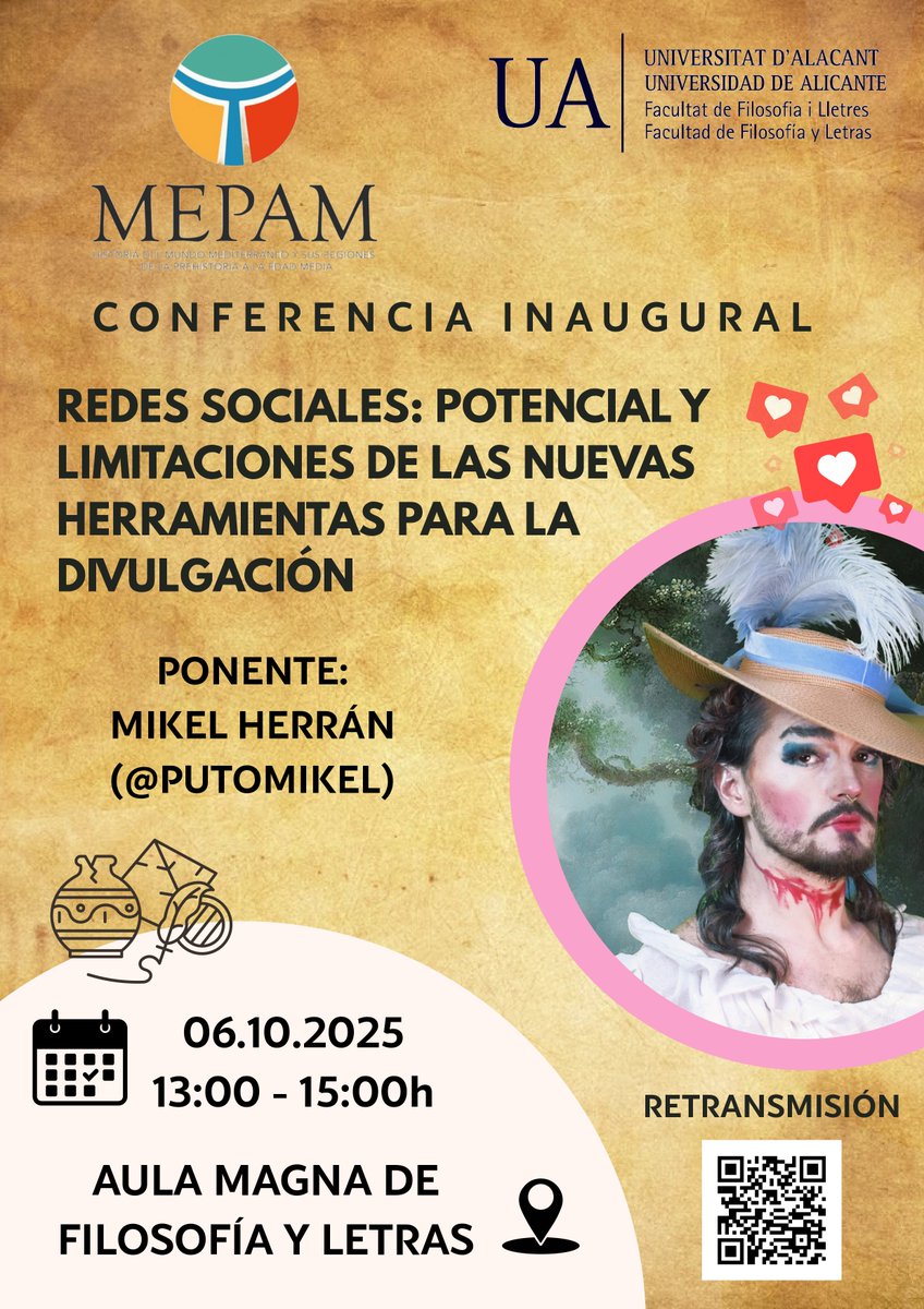 Conferencia inaugural del máster Mepam, a cargo de Mikel Herrán, #PutoMikel
Lunes 6 de octubre, 13-15h.
Info: lugar y retransmisión, más abajo.
#Historia #Arqueología #Investigación #Divulgación
<a href="/MEPAM_UA/">@MEPAM_UA</a> 
<a href="/UA_Universidad/">Universidad de Alicante UA</a> 
<a href="/UAdivulga/">UA Divulga</a> 
<a href="/LletresUA/">LletresUA</a> 
#putomikel