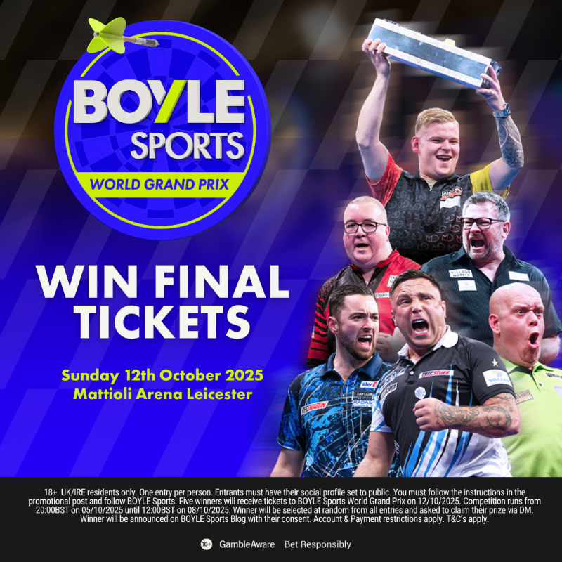 BoyleSports's tweet photo. 🎟 Win tickets to the BOYLE Sports World Grand Prix final!

To enter:
⦿ Follow @BOYLESports
⦿ Retweet this post
⦿ Tag the person you would take

Click below for full terms &amp; conditions