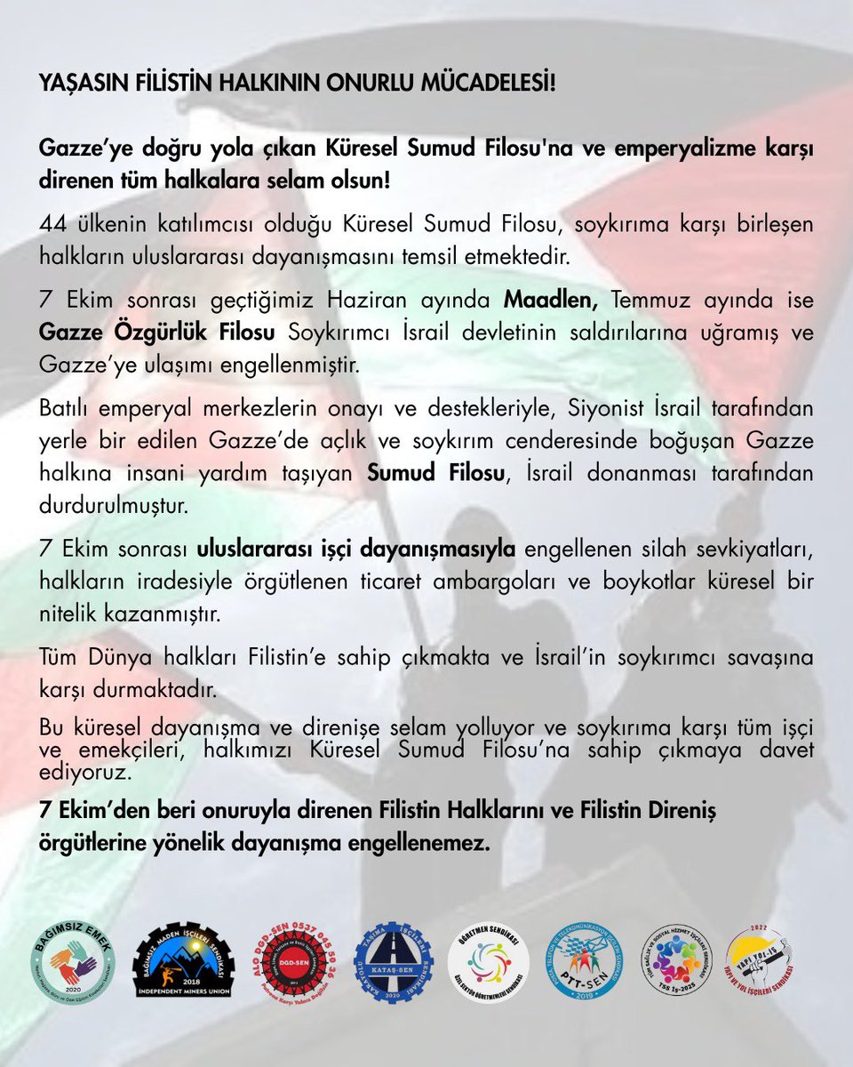 #Gazze halkına uluslararası dayanışma ile insani yardım taşıyan #SumudFilosu’na İsrail donanması tarafından uygulanan engellemelerin kaldırılması, yardımların Gazze’ye ulaştırılması gerekmektedir. 
Dayanışma çağrısına yönelik ortak açıklamamızdır.