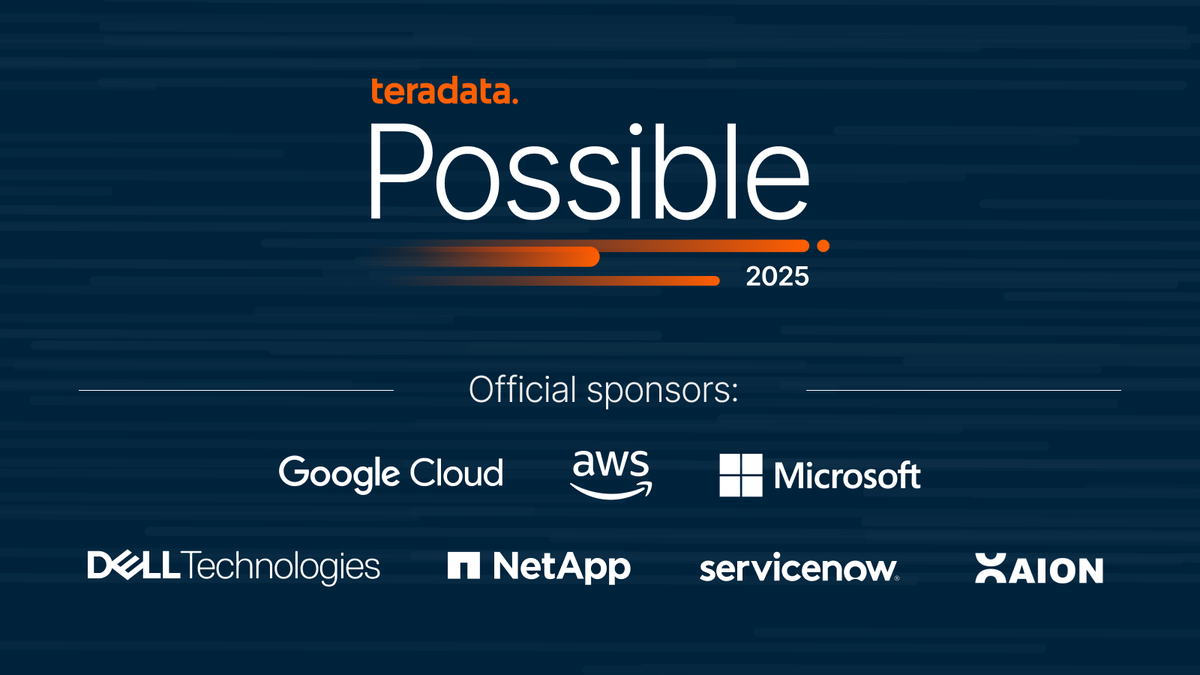 Teradata's tweet image. We’re just days away from #TeradataPossible in Los Angeles!

We’re thrilled to host our sponsors at the event: @googlecloud, @AWS, @Microsoft, @DellTech, @NetApp, @ServiceNow, @Xaion.

We can’t wait to see you there!