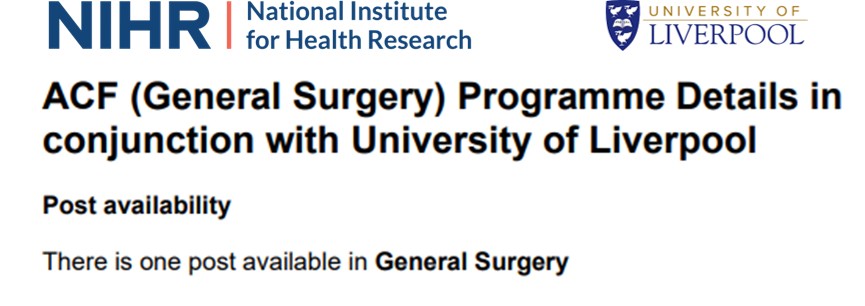 🚨JOB ALERT🚨 
NIHR ACF supervised by myself and the Liverpool Pancreatitis Group. 

Calling all Research-Active General Surgical trainees keen to develop a bright career in Academic Surgery. 

Full job description and application oriel.nhs.uk/Web/PermaLink/…
Deadline: 30/10/2025