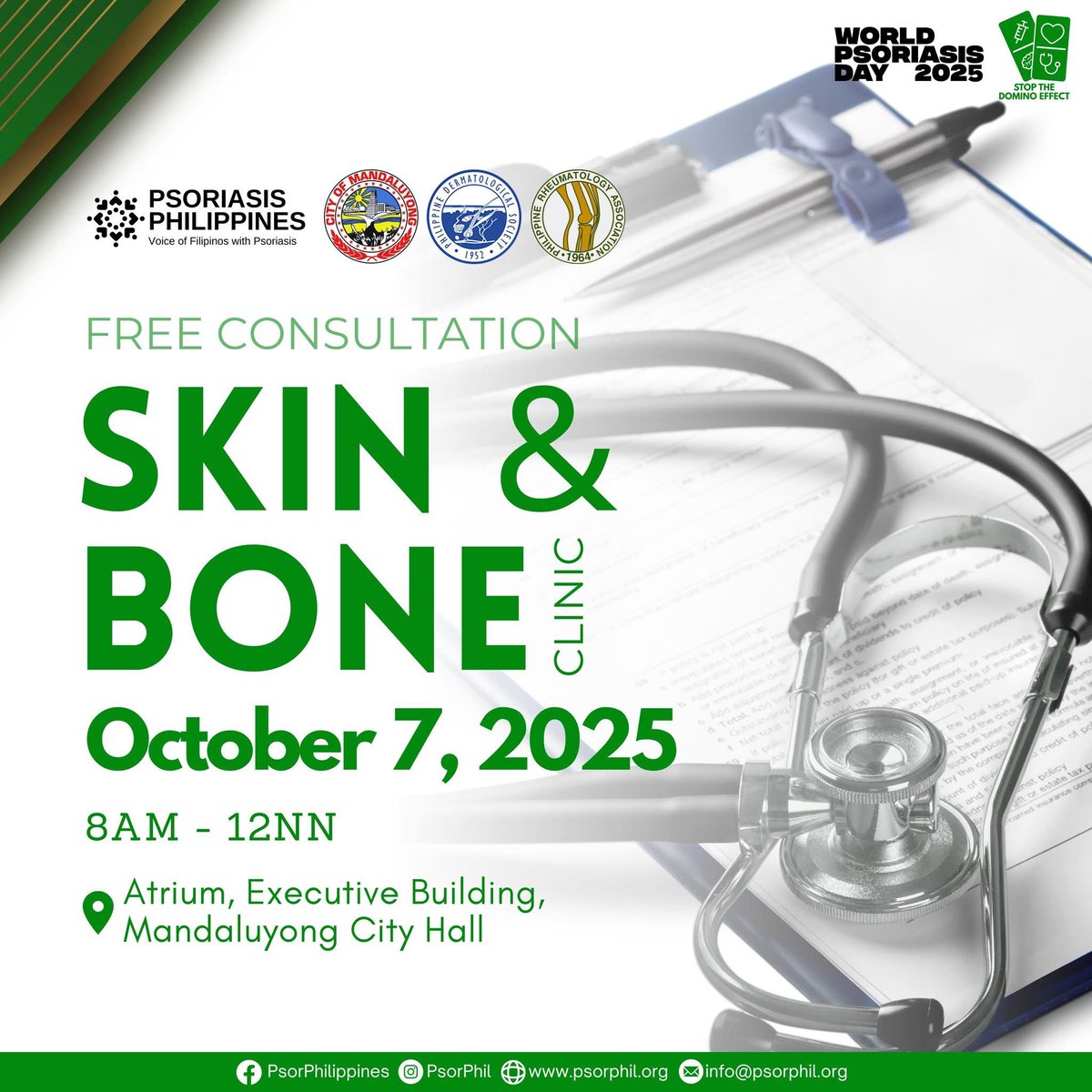 SKIN and BONE CLINIC (Free Consultation) na gaganapin sa October 7, 2025 (Tuesday), mula ika-8 ng umaga hanggang ika-12 ng tanghali. Ito ay gaganapin sa Atrium ng Executive Building, Mandaluyong City Hall.

#WPD2025 #PsorPhil #PsoriaticDisease #psoriasis #psoriaticarthritis