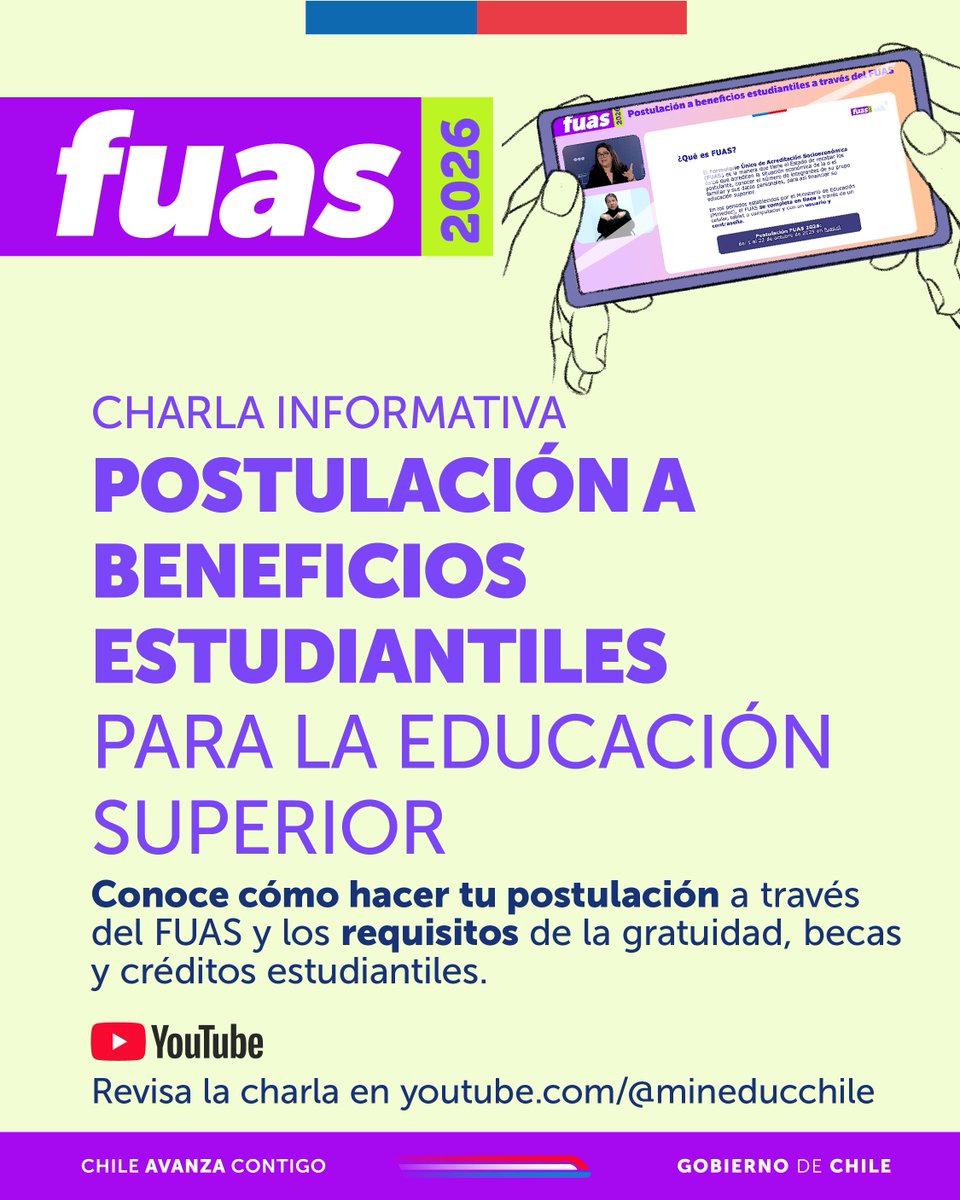¡Revísala en Youtube! ▶ Resuelve tus dudas sobre la postulación a beneficios estudiantiles para la educación superior con esta charla informativa.
📲 Accede al video y postula hasta el 22 de octubre en fuas.cl
