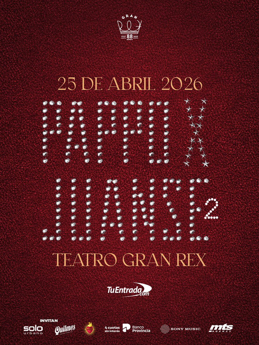 📅 Sábado 25 de abril
#PappoXJuanse Volumen 2
📍 Teatro Gran Rex

4 cuotas sin interés con <a href="/bancoprovincia/">Banco Provincia</a> 

🎟️ Entradas
- tuentrada.com/eventos/detall…
- solojuanse.com

<a href="/Quilmes_Cerveza/">Quilmes Cerveza</a> 
<a href="/SonyMusicArg/">Sony Music Argentina</a> 
<a href="/F_Szereszevsky/">Fernando Szeresevsky</a> 
<a href="/kucha/">KUCHA</a>