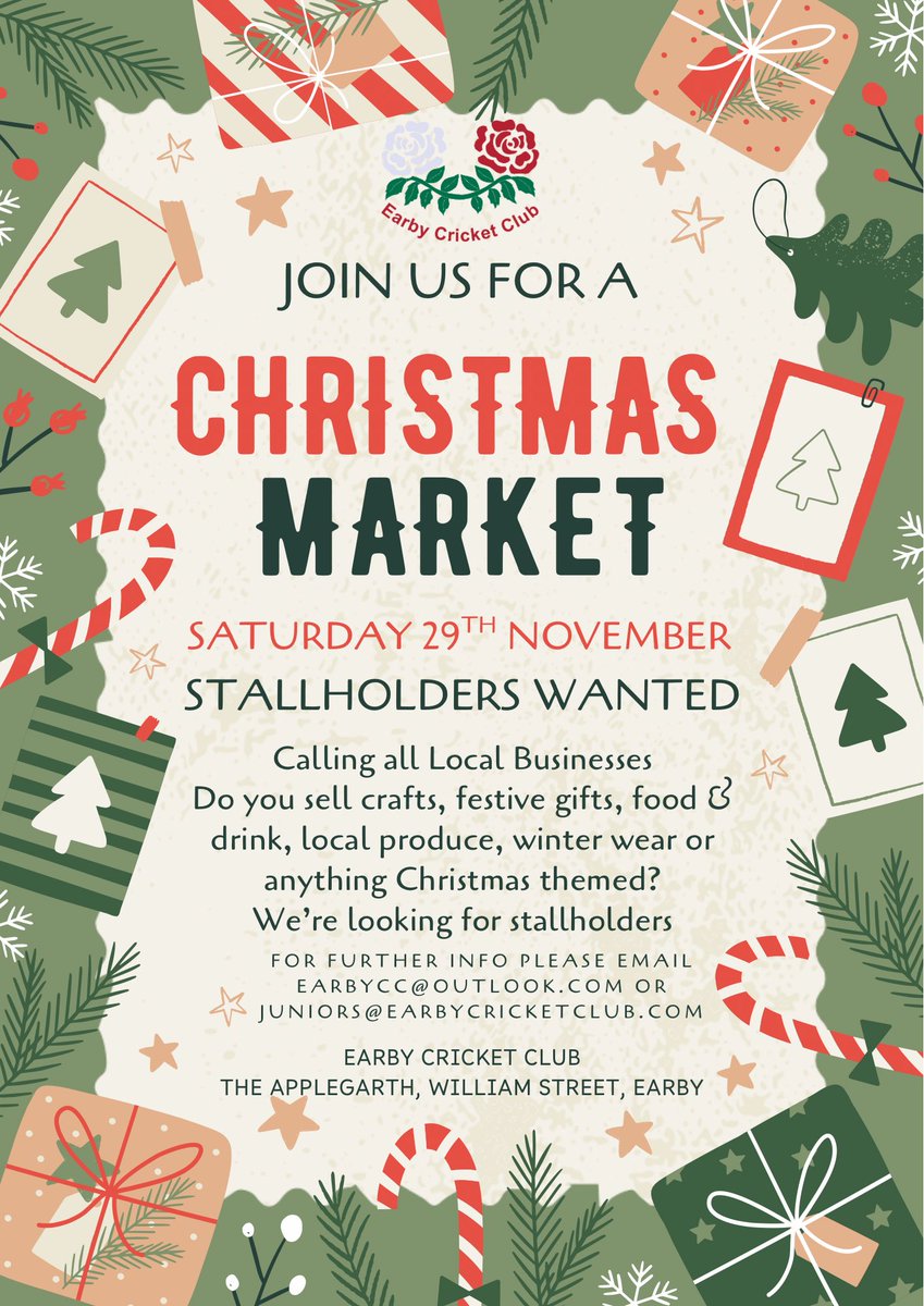 Stallholders Wanted 🎄🎄

On Saturday the 29th November we are hosting a Christmas Market at the club and we are looking for local independent businesses, makers, bakers, crafters and creatives to come and join us and have a stall

Full details at earbycc.co.uk/post/christmas…