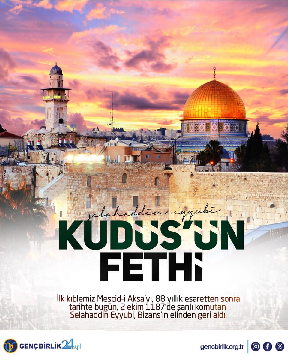 Bugün Kudüs’ün fethinin yıldönümü…
Asırlar önce Selahaddin Eyyubi, mazlumların umudu ve Kudüs’ün fatihi olmuştu.

Bugün de Sumud Filosu, zulmün kuşattığı Gazze kıyılarında aynı ruhla yol alıyor.
Onlar zamanımızın Selahaddinleri; gemileriyle değil imanlarıyla, silahlarıyla değil