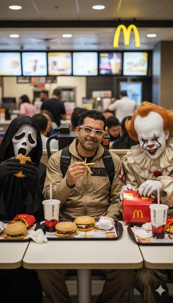 PROMPT: Genera una imagen 3:4, interior de tres personas sentadas en una mesa en McDonald’s, comiendo comida rápida. A la izquierda, una persona disfrazada de Ghostface de la película Scream sostiene una hamburguesa y parece estar comiendo. En el centro va a estar la persona de