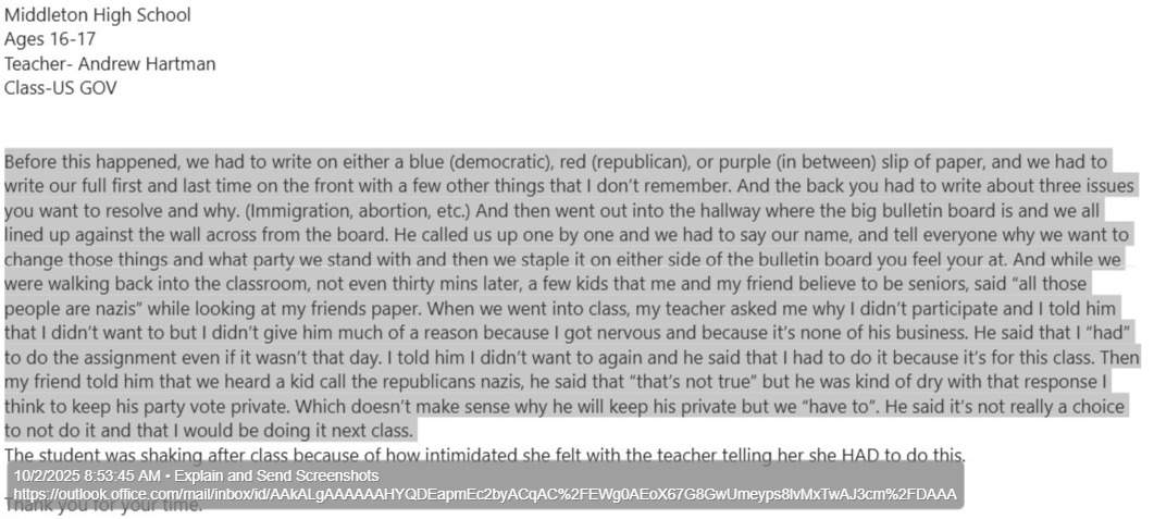 VickiMcKenna's tweet photo. This was an assignment in a HS class in Middleton, WI.  Kids were expected to write their full names and identify as either Democrats or Republicans or independents--in public, in the hallway of the school.  One female student who did NOT participate heard others say "all those people are N@zis", pointing at the red squares
The teacher then ordered her to participate, even though she indicated she was afraid to--and told him about the "n@zi" comment.  He dismissed her and ordered her to complete the assignment.  

She was described as "shaking" after being ordered to out herself.  @scarlett4kids @wisconsin_now