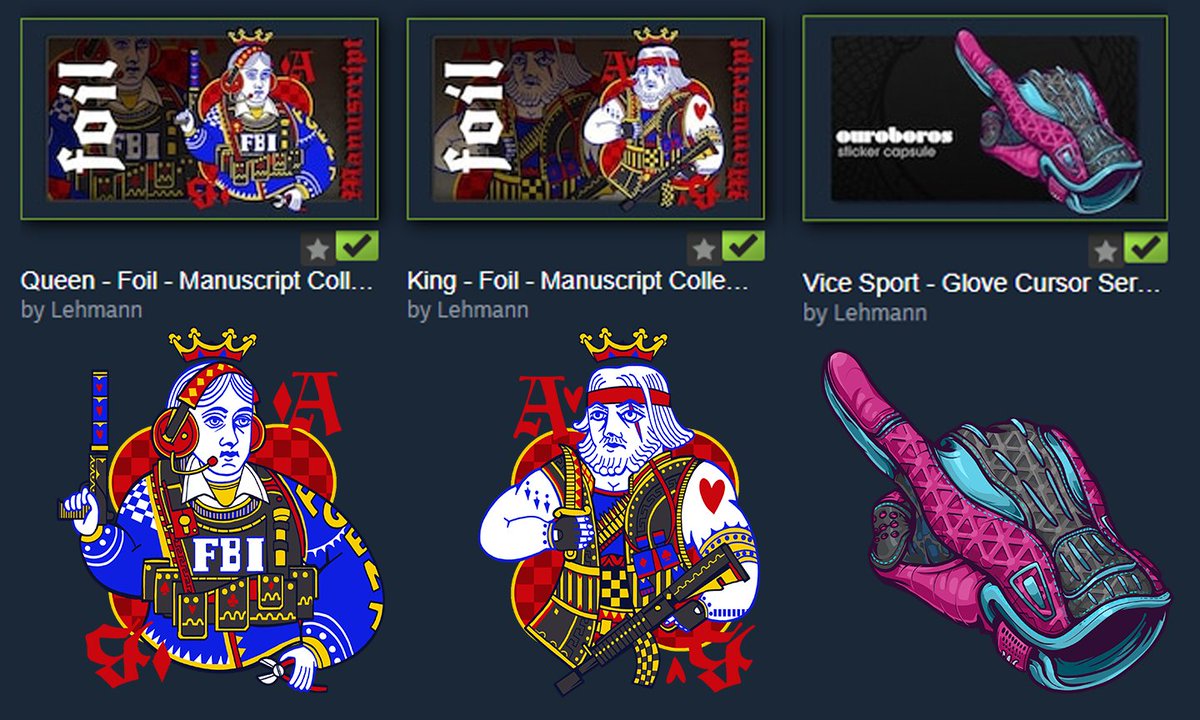 Got these accepted into <a href="/CounterStrike/">CS2</a> last night and couldn't be happier about it! King &amp; Queen are my favorites from the recent batch of stickers!

Also, definitely doing more gloves :)
congrats to everyone that got in!
