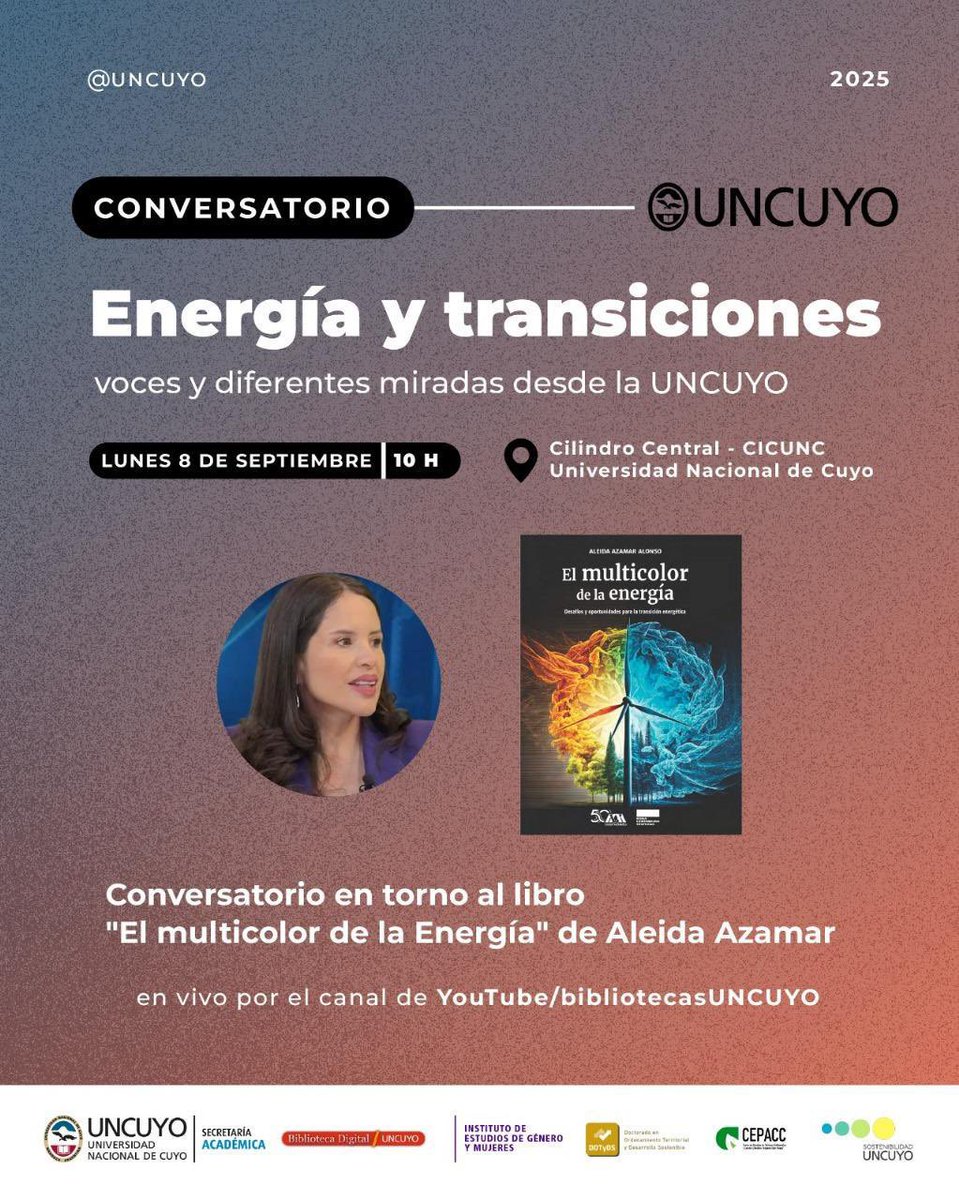 En la <a href="/UNCUYO/">UNCUYO</a> compartí reflexiones a partir de mi más reciente libro “El multicolor de la energía”, dialogando sobre los retos y posibilidades de la #TransicionEnergética desde una mirada crítica y situada en #Latam . Agradezco por la invitación y por el espacio 🤓💕