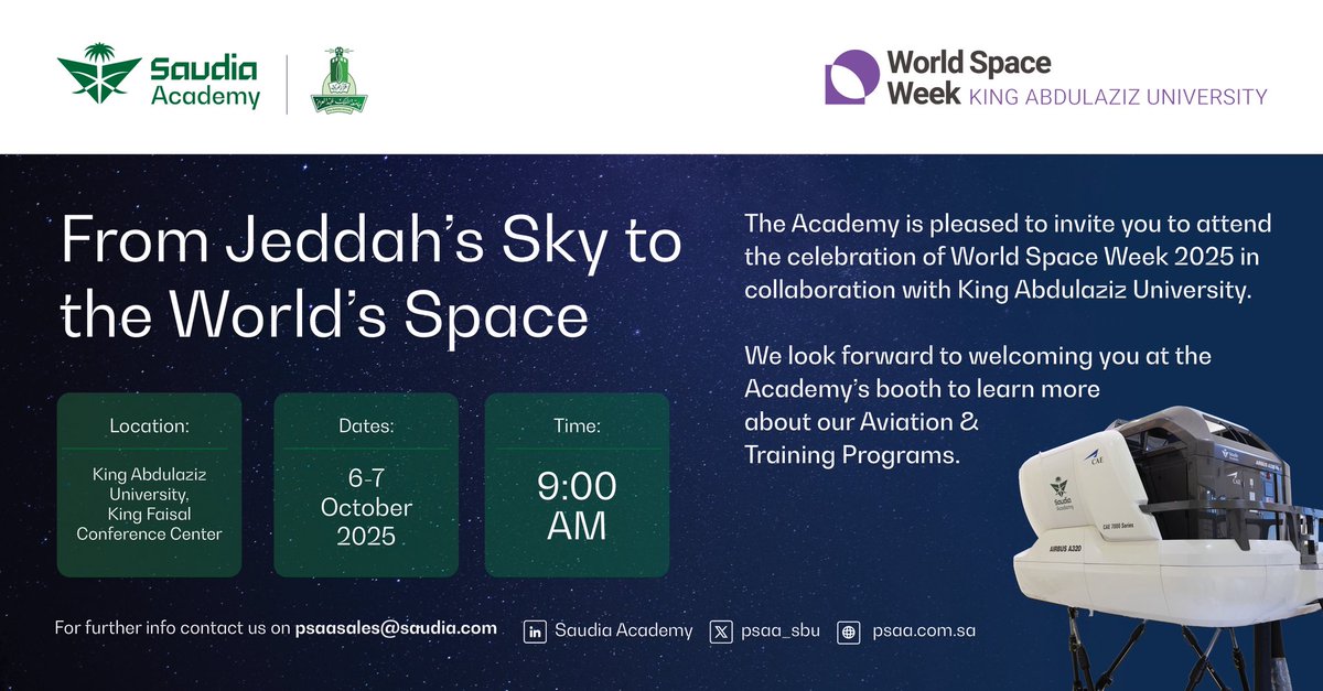 Saudia Academy (@psaa_sbu) on Twitter photo From Jeddah’s Sky to the World’s Space 🌌✈️
We are delighted to welcome you to the #World_Space_Week 2025, in collaboration with King AbdulAziz University <a href="/kauedu_sa/">جامعة الملك عبدالعزيز</a>
Visit us at the #Saudia_Academy booth to explore our aviation and training programs ✨ From Jeddah’s Sky to the World’s Space 🌌✈️
We are delighted to welcome you to the #World_Space_Week 2025, in collaboration with King AbdulAziz University <a href="/kauedu_sa/">جامعة الملك عبدالعزيز</a>
Visit us at the #Saudia_Academy booth to explore our aviation and training programs ✨