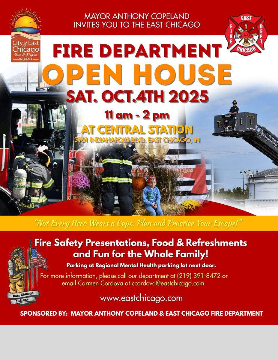 ECPublicLibrary's tweet image. Mayor Anthony Copeland and the East Chicago Fire Department proudly invite YOU to our Open House!
👨‍🚒 Come meet your local heroes, see the trucks up close, and learn about fire safety — fun for the whole family! Don’t miss this exciting opportunity to connect with your community!