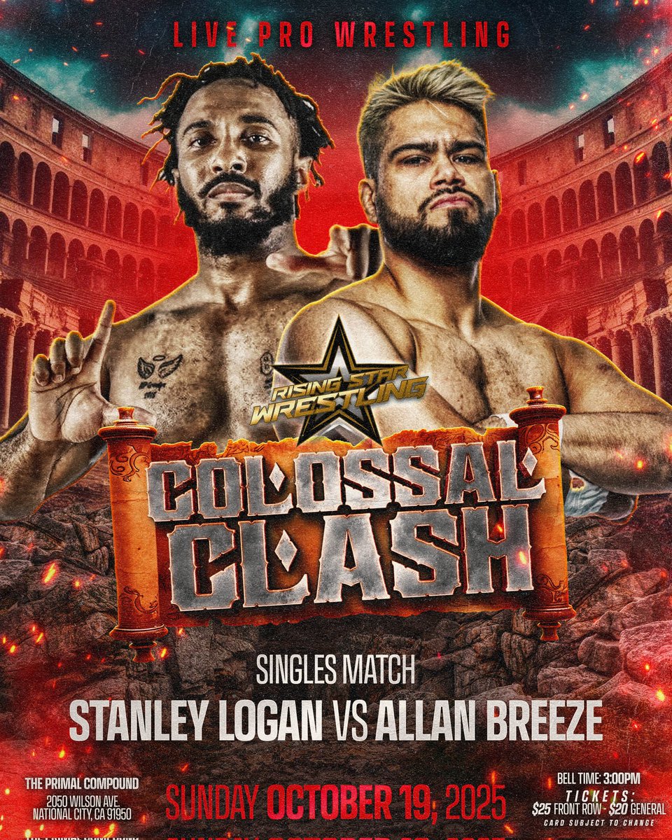 🚨LIVE PRO WRESTLING🚨

Coming off his unsuccessful bid to become All Star Champion, Stanley Logan takes on the exciting Allan Breeze in a match that will surely have implications on Rising Star Wrestling's future!
—
events.humanitix.com/colossal-clash/