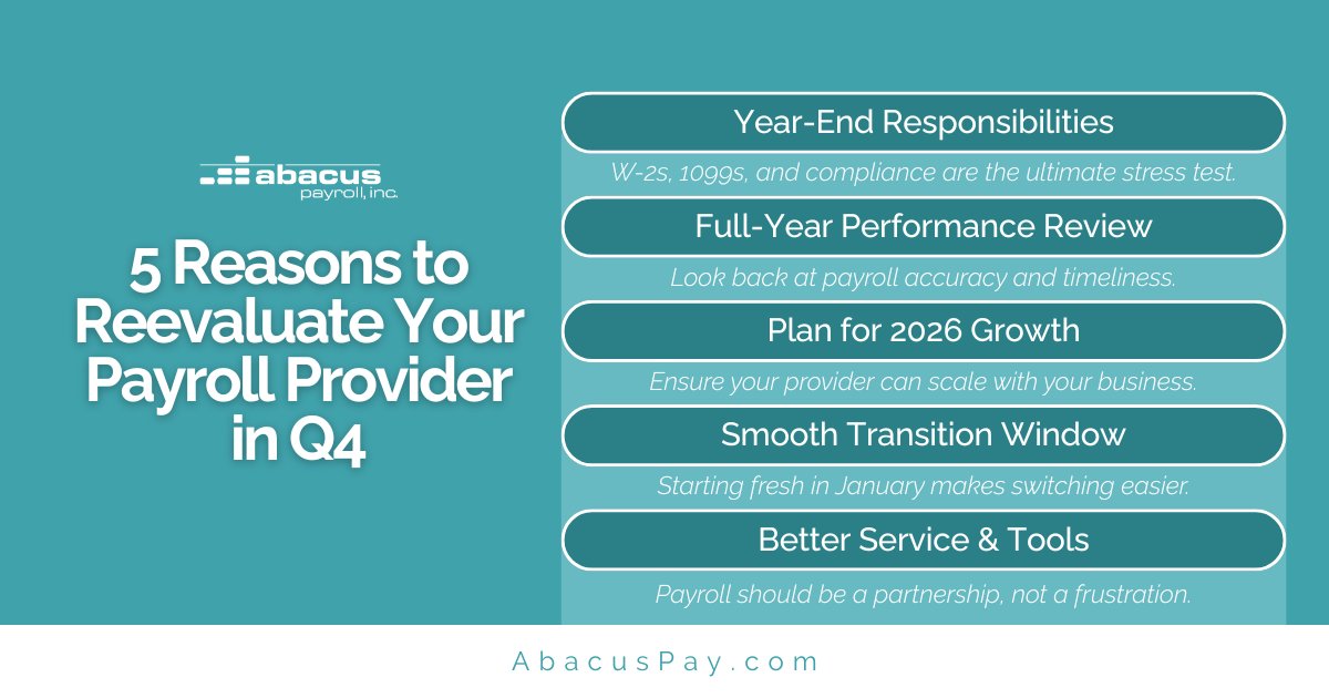 AbacusPay's tweet image. Is your payroll provider really delivering?

View our latest blog post at bit.ly/4gMXKYQ to learn more about the 5 key reasons business owners are making the switch before the new year. 

#AbacusPayroll #PayrollSolutions #YearEndPlanning #SmallBusinessTips #Payroll