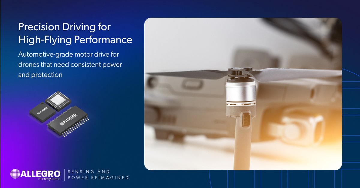 allegromicro's tweet image. Simplify your drone’s motor control with the A4919 3-phase gate driver. Experience full-featured safety, integrated diagnostics, and automotive-grade reliability for smoother, more efficient drone propulsion. hubs.ly/Q03G3NZ_0
 #MotorControl #DronePropulsion #Reliability