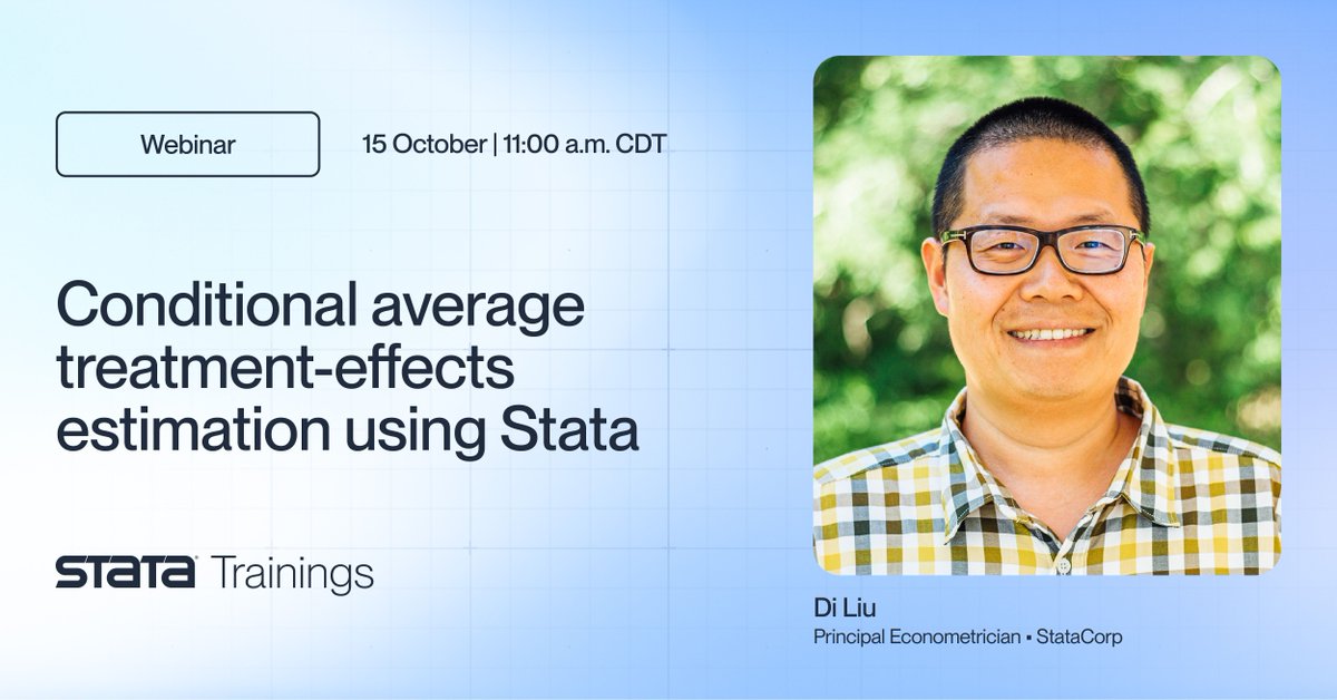 Stata's tweet photo. Explore heterogeneous treatment effects with Stata.
Join our free webinar on conditional average treatment-effects (CATE) using the new 𝗰𝗮𝘁𝗲 command.
15 October | 11:00 a.m.
Di Liu, Principal Econometrician
Register now: https://t.co/4zTmA0edrP
#Stata #StataTraining https://t.co/ptguFfoA6d