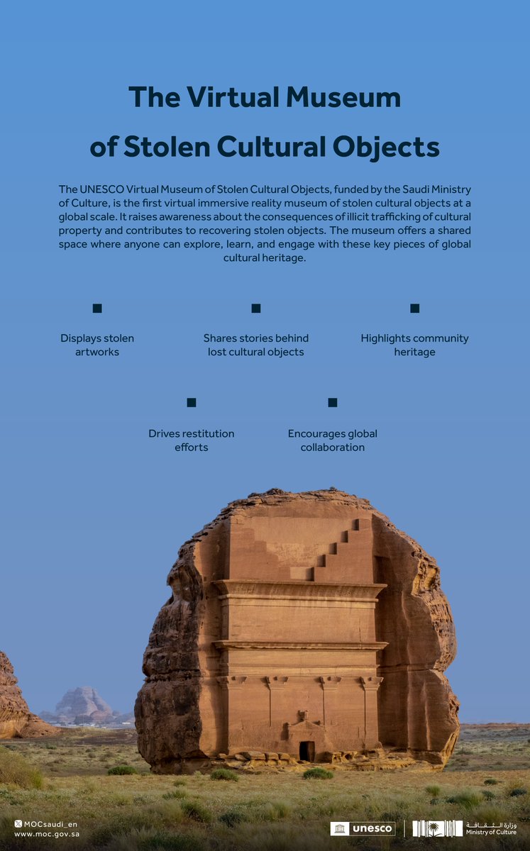 Saudi Arabia Ministry of Culture (@mocsaudi_en) on Twitter photo Funded by the #SaudiMinistryOfCulture, <a href="/UNESCO/">UNESCO 🏛️ #Education #Sciences #Culture 🇺🇳</a> launched the Virtual Museum of Stolen Cultural Objects at #MONDIACULT2025 in Barcelona. The museum is a groundbreaking digital platform that brings cultural heritage to life through immersive technologies.
To explore the museum, Funded by the #SaudiMinistryOfCulture, <a href="/UNESCO/">UNESCO 🏛️ #Education #Sciences #Culture 🇺🇳</a> launched the Virtual Museum of Stolen Cultural Objects at #MONDIACULT2025 in Barcelona. The museum is a groundbreaking digital platform that brings cultural heritage to life through immersive technologies.
To explore the museum,