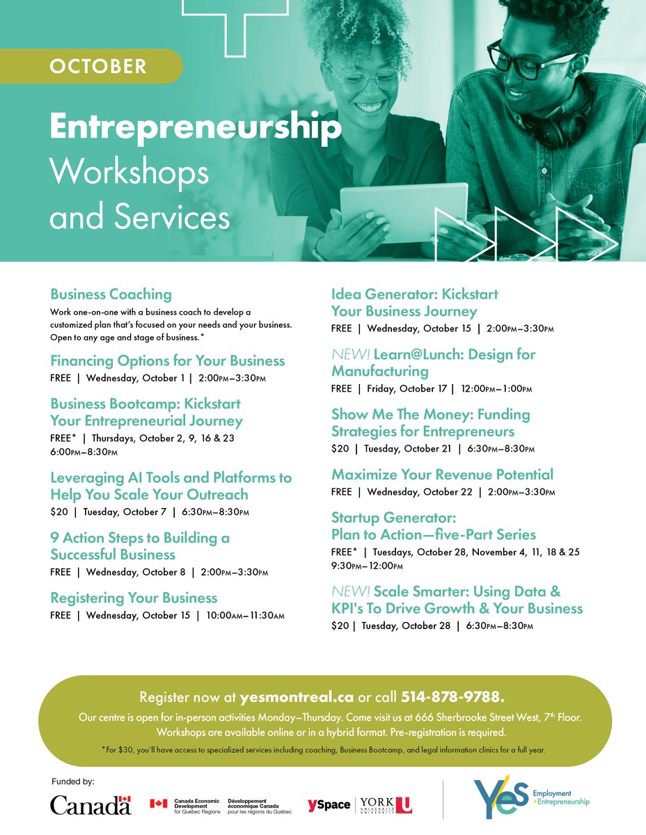 🚀 Octobre / October: Boostez / Grow your business avec YES!
💼 Ateliers pratiques, conseils experts &amp; soutien personnalisé pour développer vos compétences et votre réseau / Practical workshops, expert tips &amp; support to grow skills &amp; network
👉 tinyurl.com/mtpenaw3