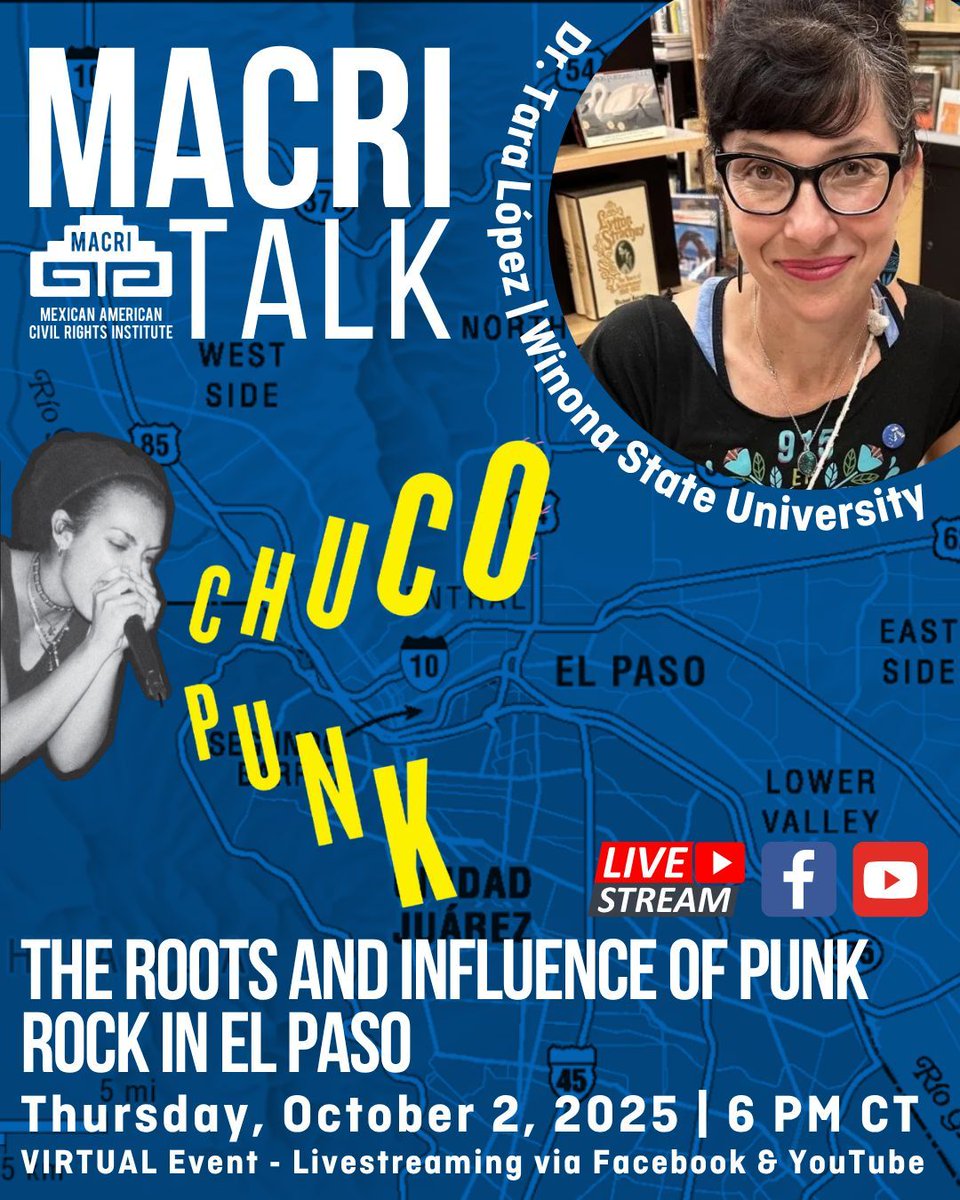 Join us TODAY, Thursday, October 2 at 6 PM CT for a virtual MACRI Talk on the history of punk rock in El Paso since the 1970s with Dr. Tara López, author of Chuco Punk: Sonic Insurgency in El Paso.

To RSVP and learn more visit: buff.ly/R4XUA8b