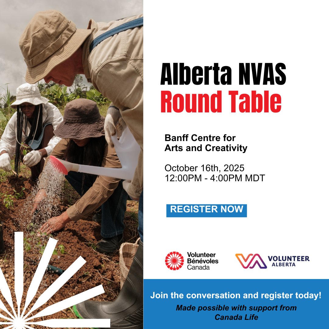 Alberta, we’re coming to you! Join us for these in-person #NVAS round tables with Volunteer Alberta &amp; the Calgary Foundation.

-Calgary (Oct 14) ow.ly/W5pT50X5n5M
-Banff–Canmore (Oct 16) ow.ly/LoLG50X5n5H

Let’s share local insights &amp; strengthen volunteerism together!