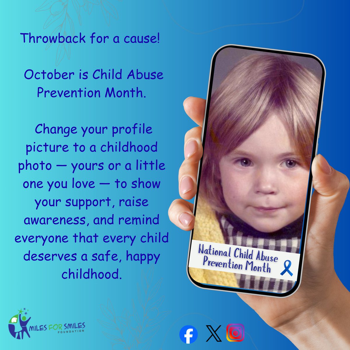 Throwback for a cause! October is #ChildAbusePreventionMonth. Change your profile picture to a childhood photo - yours or a little one you love - to show your support, raise awareness, and remind everyone that every child deserves a safe, happy childhood. <a href="/miles4smilesNL/">M4S</a>