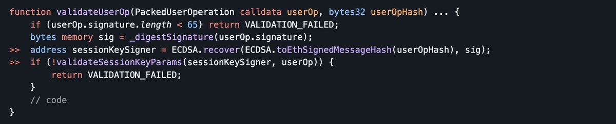 ShieldifySec's tweet photo. 🔐 EIP-4337 Security Tip

Always validate that the `userOp` and its `userOpHash` are consistent **and** that the sender is legitimate.

⚠️ Skipping these checks allows an attacker to craft a valid hash but attach a malicious `userOp`, or spoof the sender address.

Example from our EIP-4337 audit 👇

Does not hash the `userOp` and uses the hash to know the wallet that authorized the action. It uses `userOpHash` to derive the address that signed for that hash, and uses the data `userOp` to modify it.

As we can see, the `sessionKeySigner` is derived from `userOpHash` and the actual input is `userOp`. There is no check that this `userOpHash` is the hashing of that `userOp`, and there is no check that the `userOp.sender` is the actual `msg.sender.` So anyone can do the following.

1. Make an attacking contract and install the module
2. Listen to the transactions made by the `sessionKeySigner`
3. Use the valid hash and provide different data in `userOp` (like changing the recipient of tokens)
4. Consume the signature in his favour and prevent consuming it again.
5. The real Modular wallet will not be able to execute this tx as it will revert from the `EntryPoint` execution in the validating process.

✅Recommendation: 

It should be ensured that `op.sender` equals `msg.sender`. And an optional thing to do to increase the security is to reconstruct the hash from the `userOp` itself. According to the `EIP-4337` hashing method. Instead of taking he hash and dealing with it as it is the correct hashing of `userOp`.