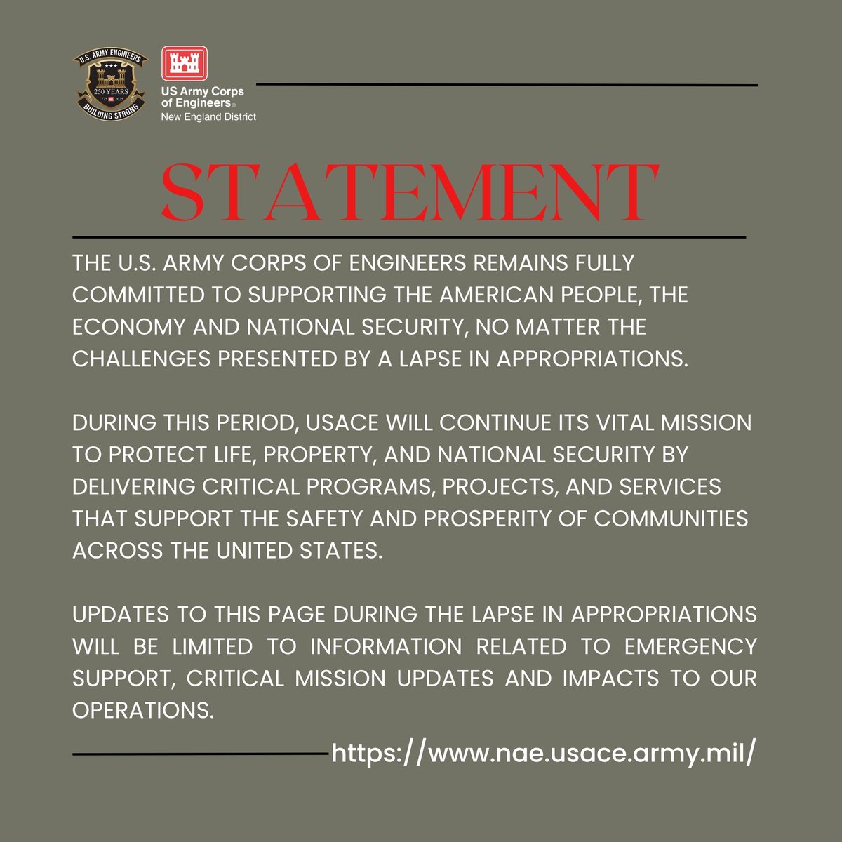 The U.S. Army Corps of Engineers, New England District remains committed to the people of New England.