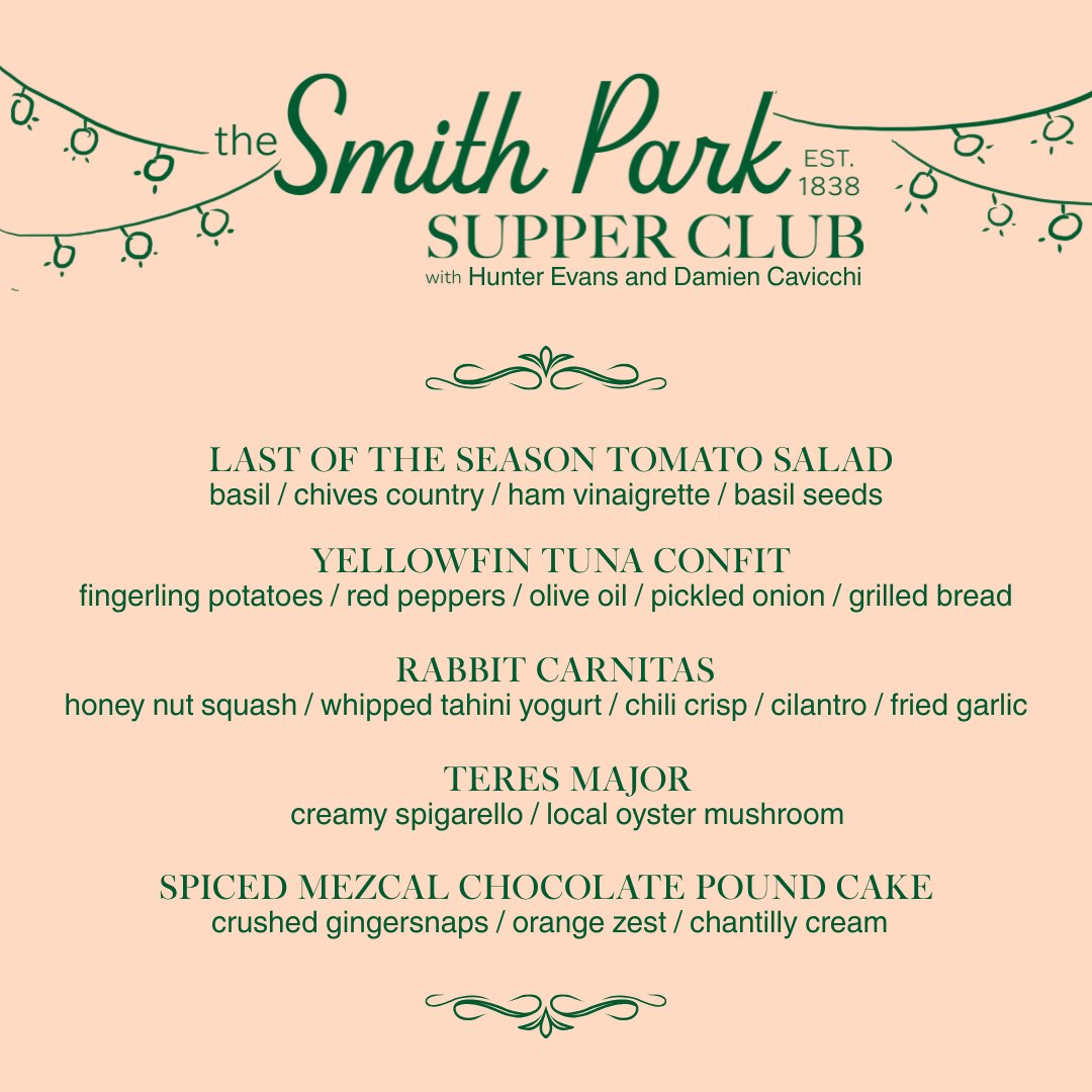 DJP_Downtown's tweet photo. An evening to savor.

Join us at Smith Park Supper Club for a five course culinary journey, beginning with a cocktail reception by Cathead Distillery,

Seats are limited, and this menu won’t be repeated. Reserve your spot at the table today. 
https://t.co/ki6XMBUYxe https://t.co/NvnItEsVNh