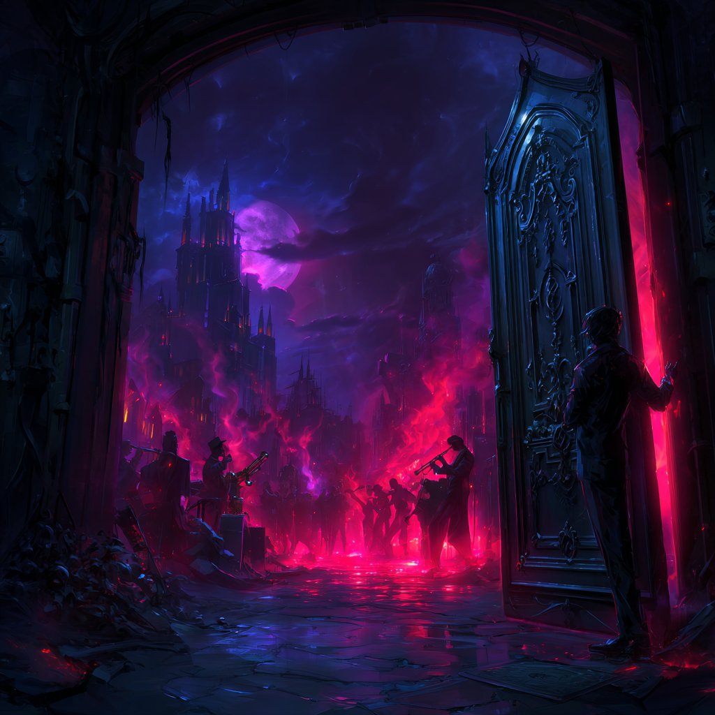 YuTonAIWorker's tweet image. 「迷い込んだ地獄。遠くから音楽が聴こえてきた。覗き込んだ扉の先には…」 といったイメージで地獄のライブをインストで表現しました！
#SHIFTAI
suno.com/song/c613d4b0-…