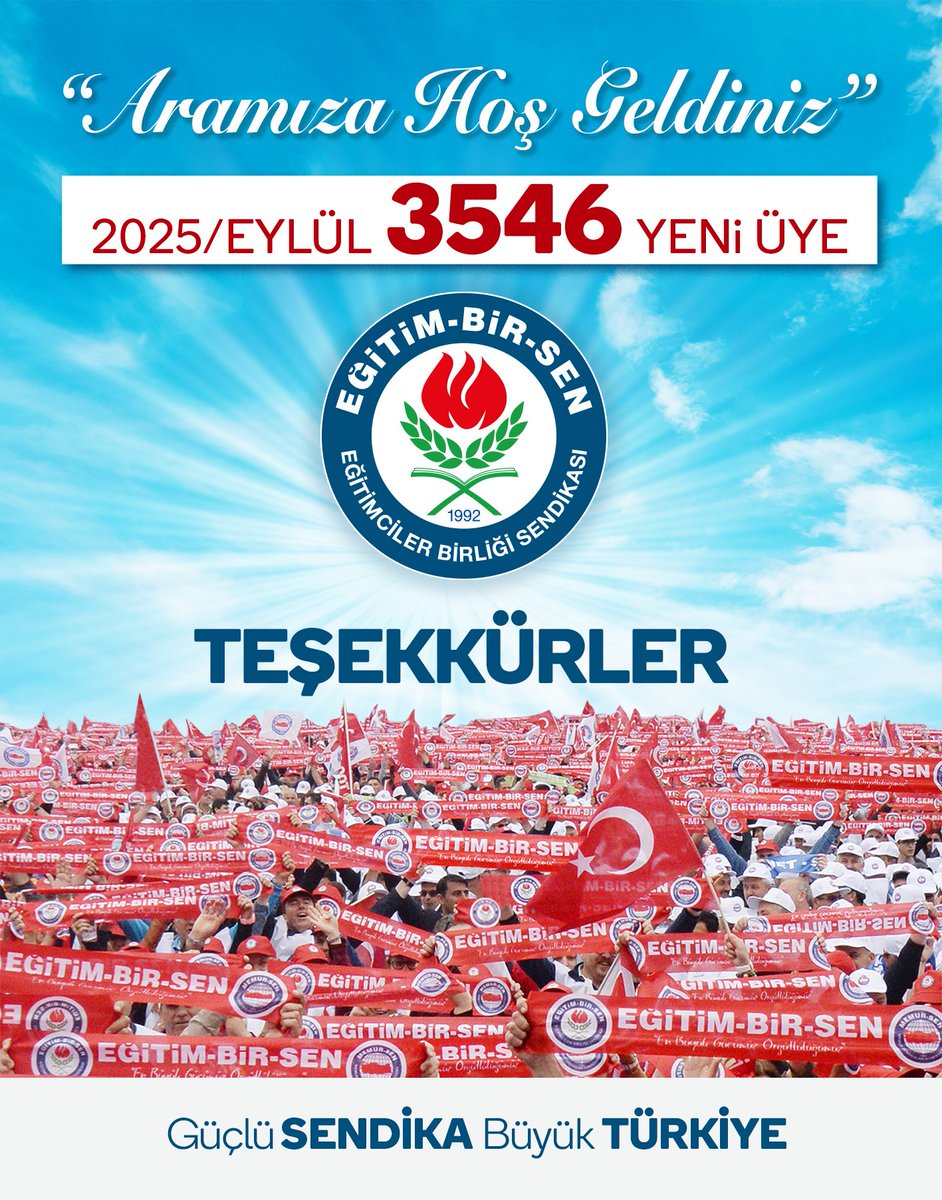 Eylül ayında 3546 eğitim, öğretim ve bilim çalışanı, büyük ve güçlü Eğitim-Bir-Sen ailemize katıldı.

Yeni üyelerimize “Evinize hoş geldiniz” diyor ve tebrik ediyoruz.

#GüçlüSendikaBüyükTürkiye