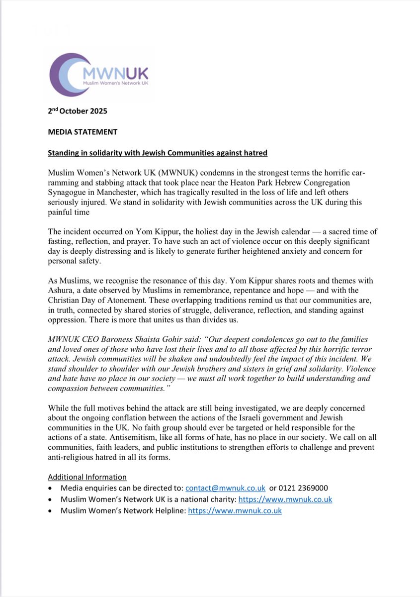 Jewish communities will be shaken and undoubtedly feel the impact of today’s terror attack. We stand shoulder to shoulder with our Jewish brothers and sisters in grief and solidarity. Our full statement #manchestersynagogue #manchesterattack mwnuk.co.uk/mediaStatmentD…