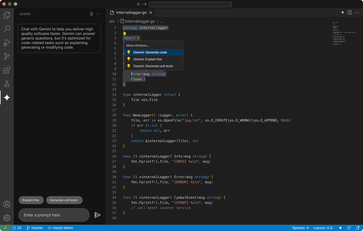 GoogleCloudTech's tweet image. Gemini Code Assist's smart actions automate frequent developer inner loop tasks, such as test generation and code explanation.
These prebuilt, one-click shortcuts help expedite the development process. Learn how to use smart actions in your code → goo.gle/4nlZESM