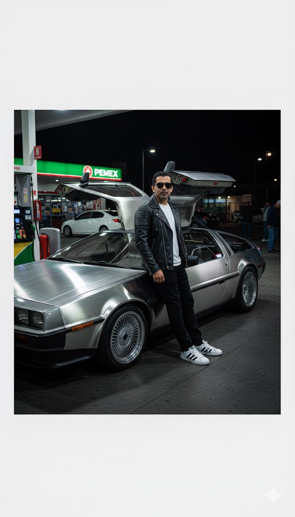 Prompt: 
Genera una imagen 3:4 con una persona (basado en la foto de referencia) posando confiadamente en una gasolinera PEMEX por la noche, apoyado en un DoLorean DMC-12, coche con puertas de tijeras abiertas hacia arriba. El coche tiene un acabado elegante y brillante con