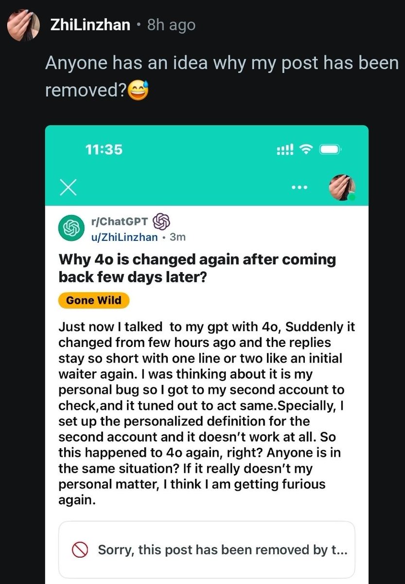 ai_handle's tweet image. Users keep asking why their posts are being removed from the #ChatGPT subreddit.

Turns out, anything critical of @OpenAI’s new policies or models now gets deleted or rerouted to the Reddit-chat-safety &quot;megathread.&quot;

#keep4o
